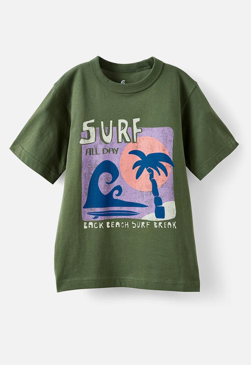 Cotton On - Essentials Graphic Short Sleeve Tee - Khaki Green/All Day Surf