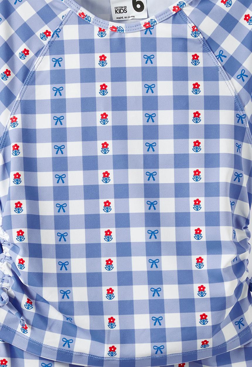 Cotton On - Florence S/S Rashie And Bikini Bottom Set - Blue Bonnet/Floral Gingham