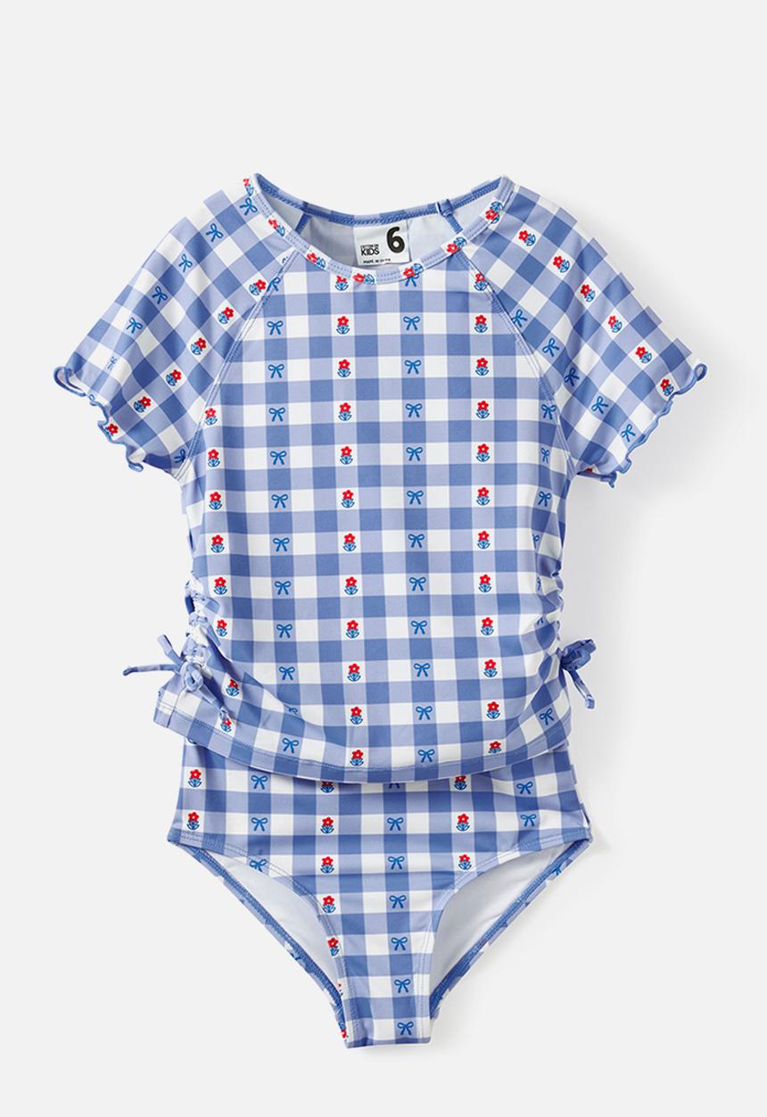 Cotton On - Florence S/S Rashie And Bikini Bottom Set - Blue Bonnet/Floral Gingham