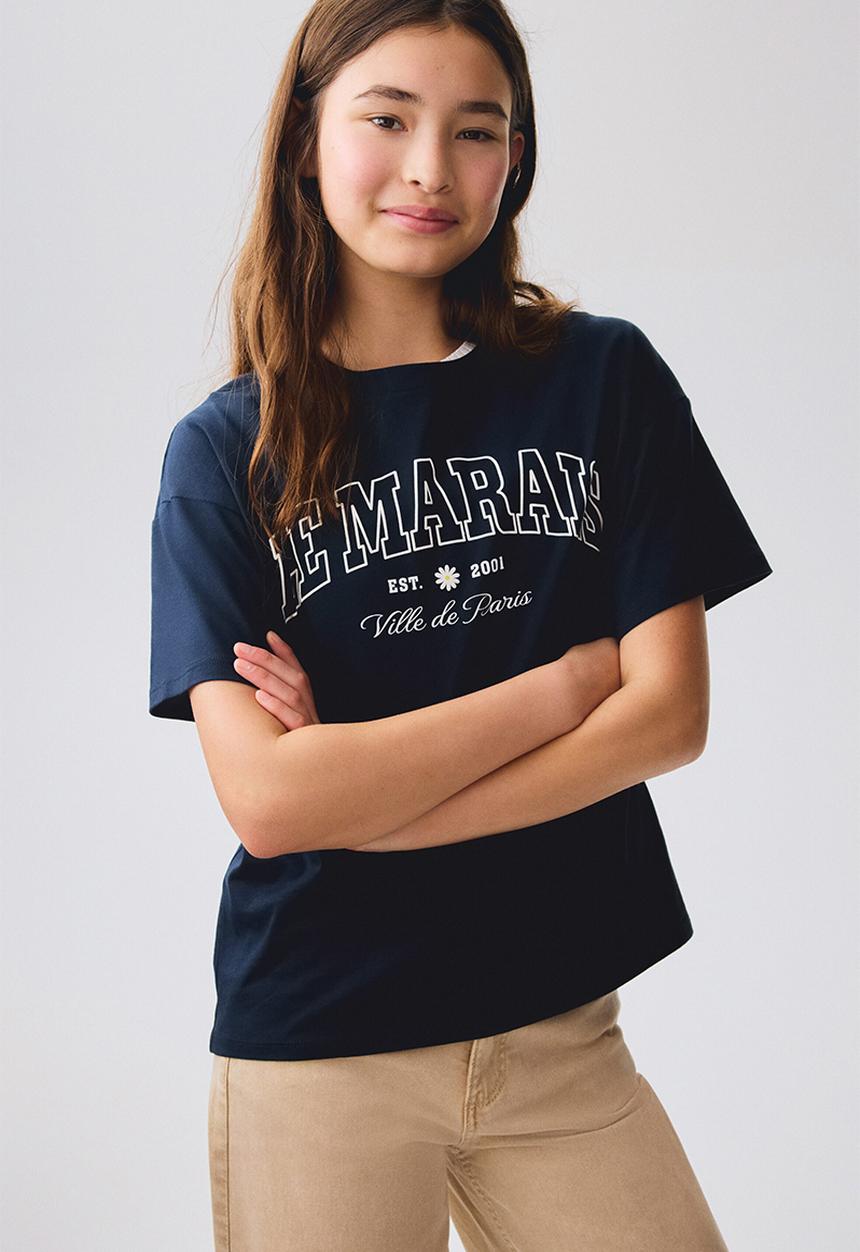 H&M - Oversized cotton t-shirt - navy blue/le marais