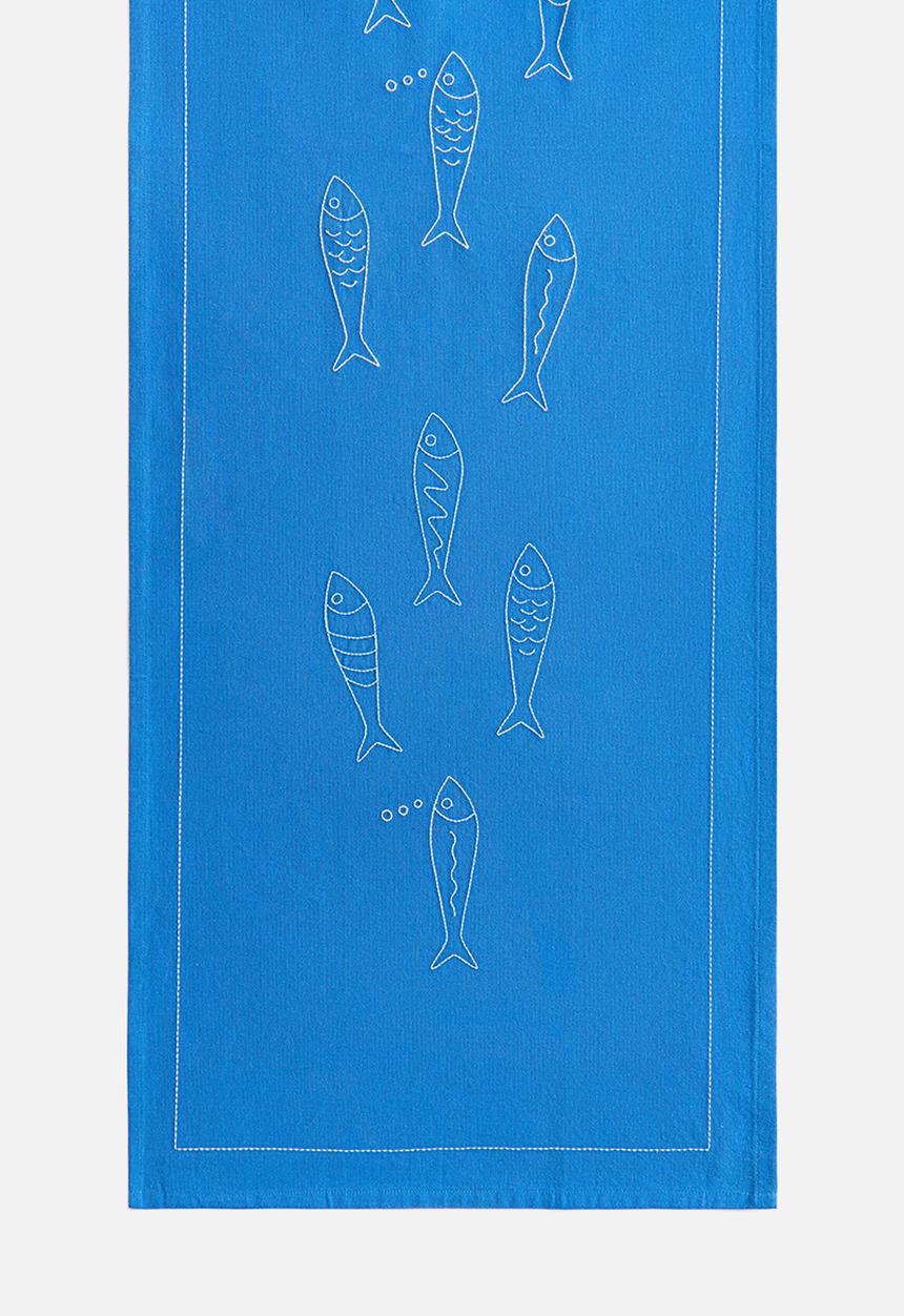 H&M - Embroidery-motif linen-blend table runner - blue/fish