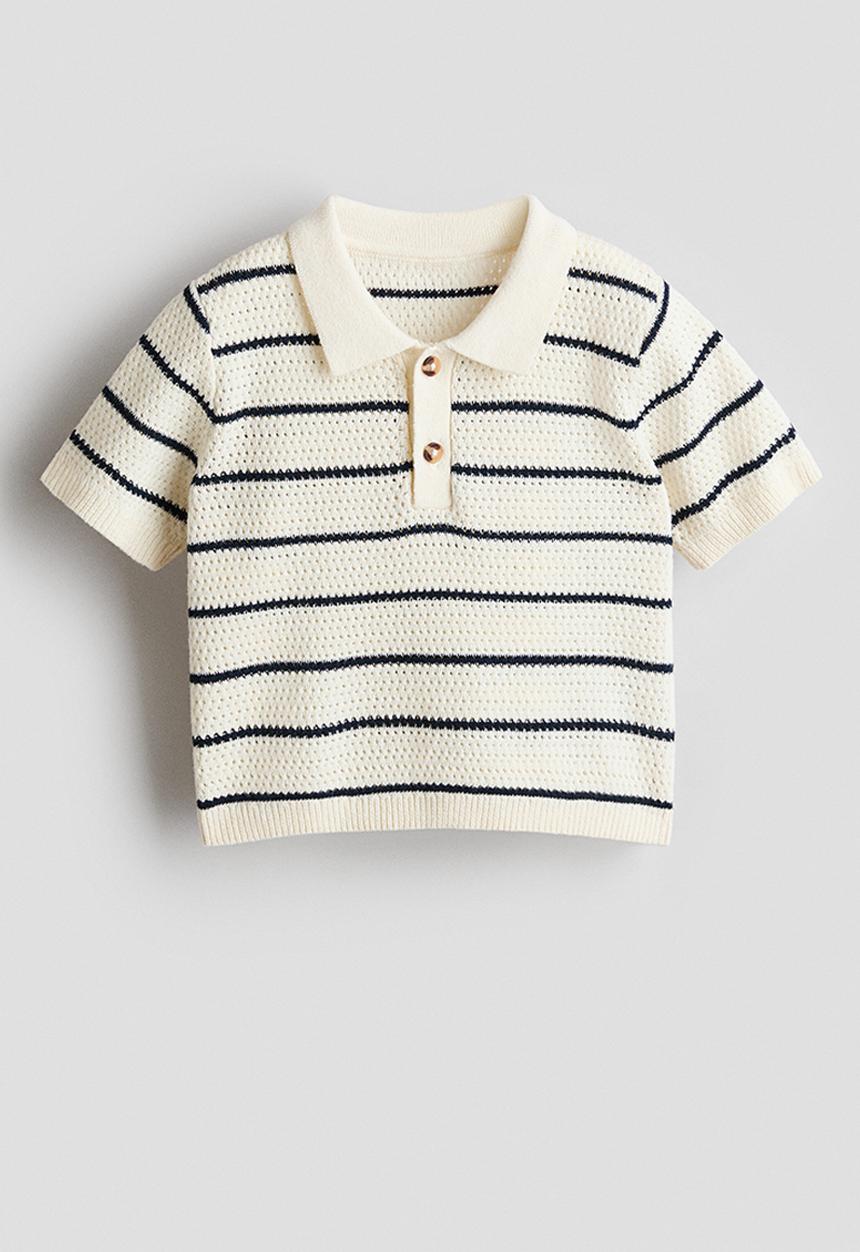 H&M - Pointelle-knit polo shirt - cream/blue striped