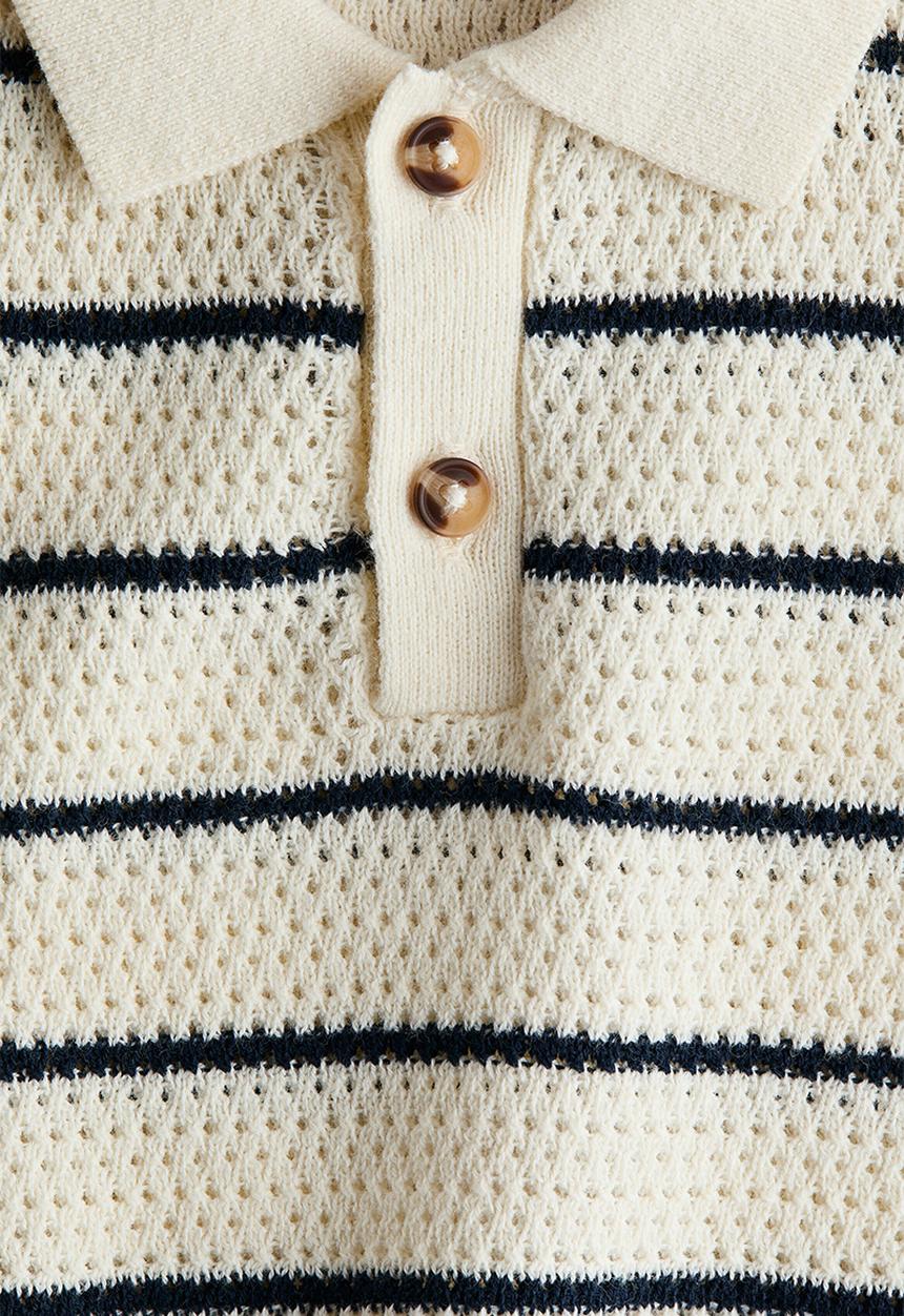 H&M - Pointelle-knit polo shirt - cream/blue striped