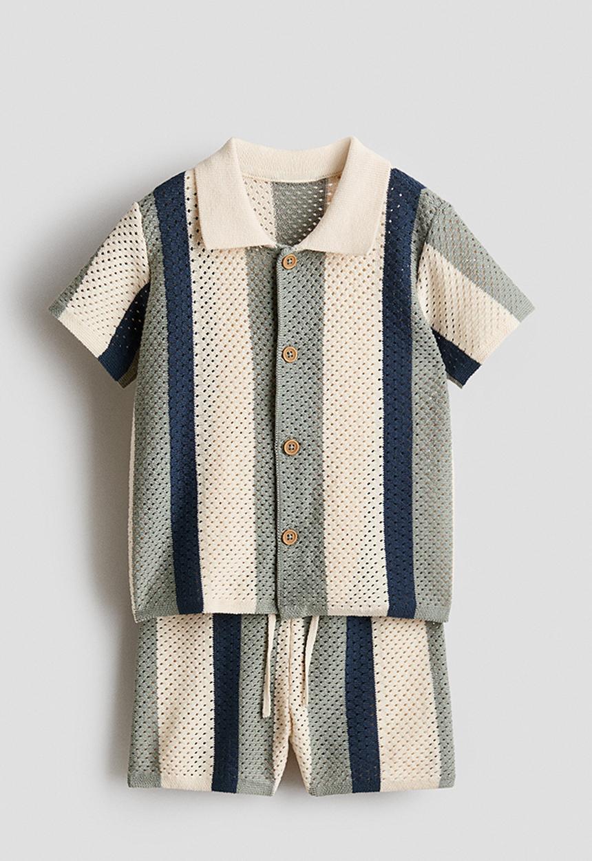H&M - 2-piece mesh-knit cotton set - light beige/striped