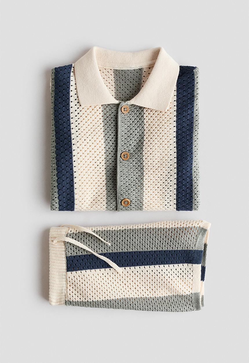 H&M - 2-piece mesh-knit cotton set - light beige/striped