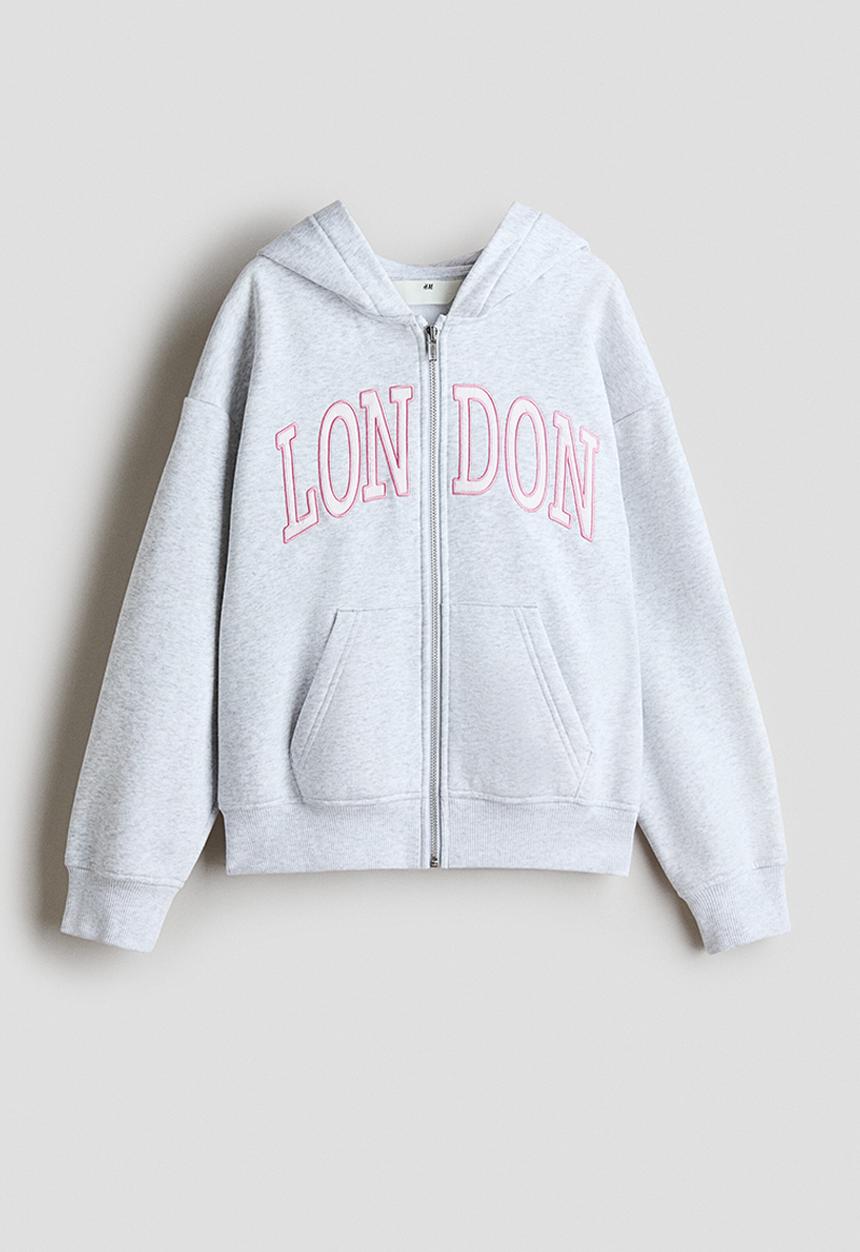 H&M - Embroidered zip-through hoodie - light grey marl/london