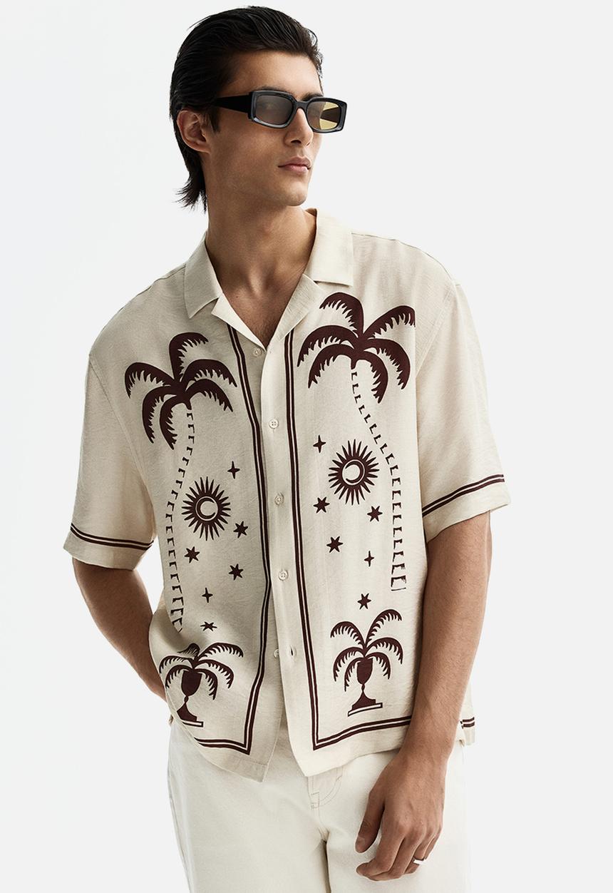 H&M - Relaxed fit printed resort shirt - light beige/patterned