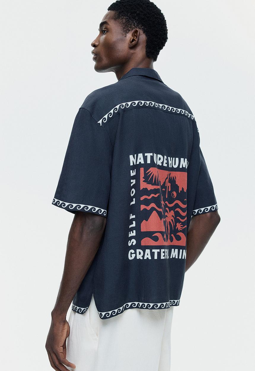 H&M - Relaxed fit cotton resort shirt - black/waves