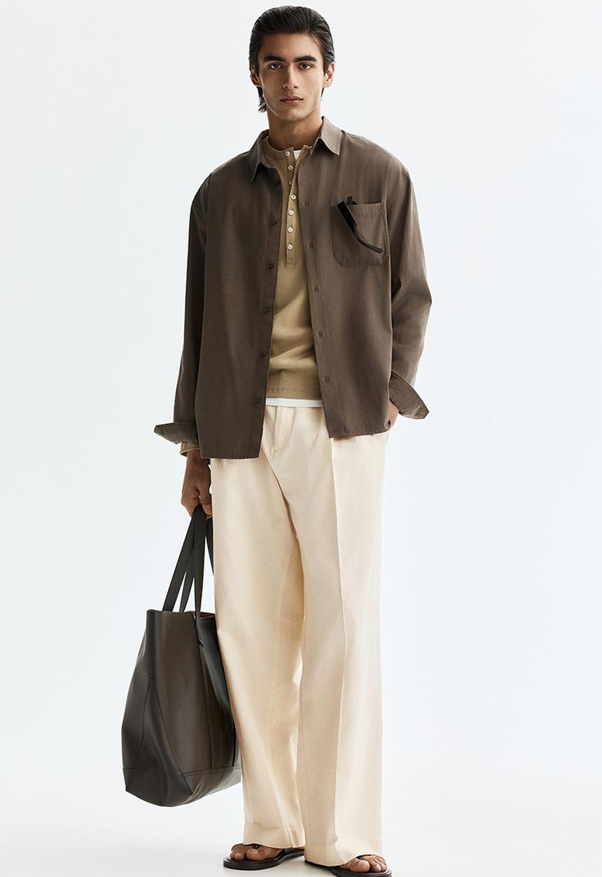 H&M - Loose fit wide linen-blend trousers - cream