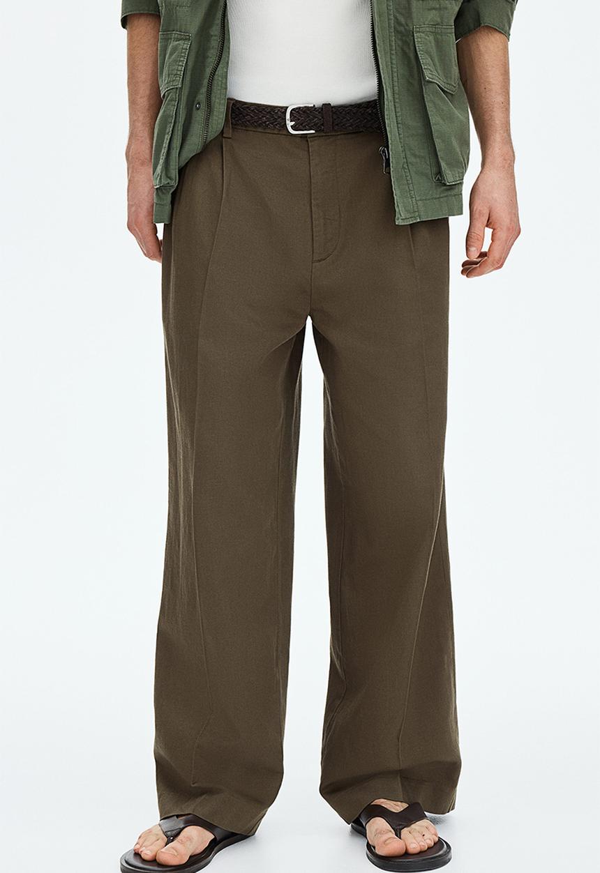 H&M - Loose fit wide linen-blend trousers - dark mole
