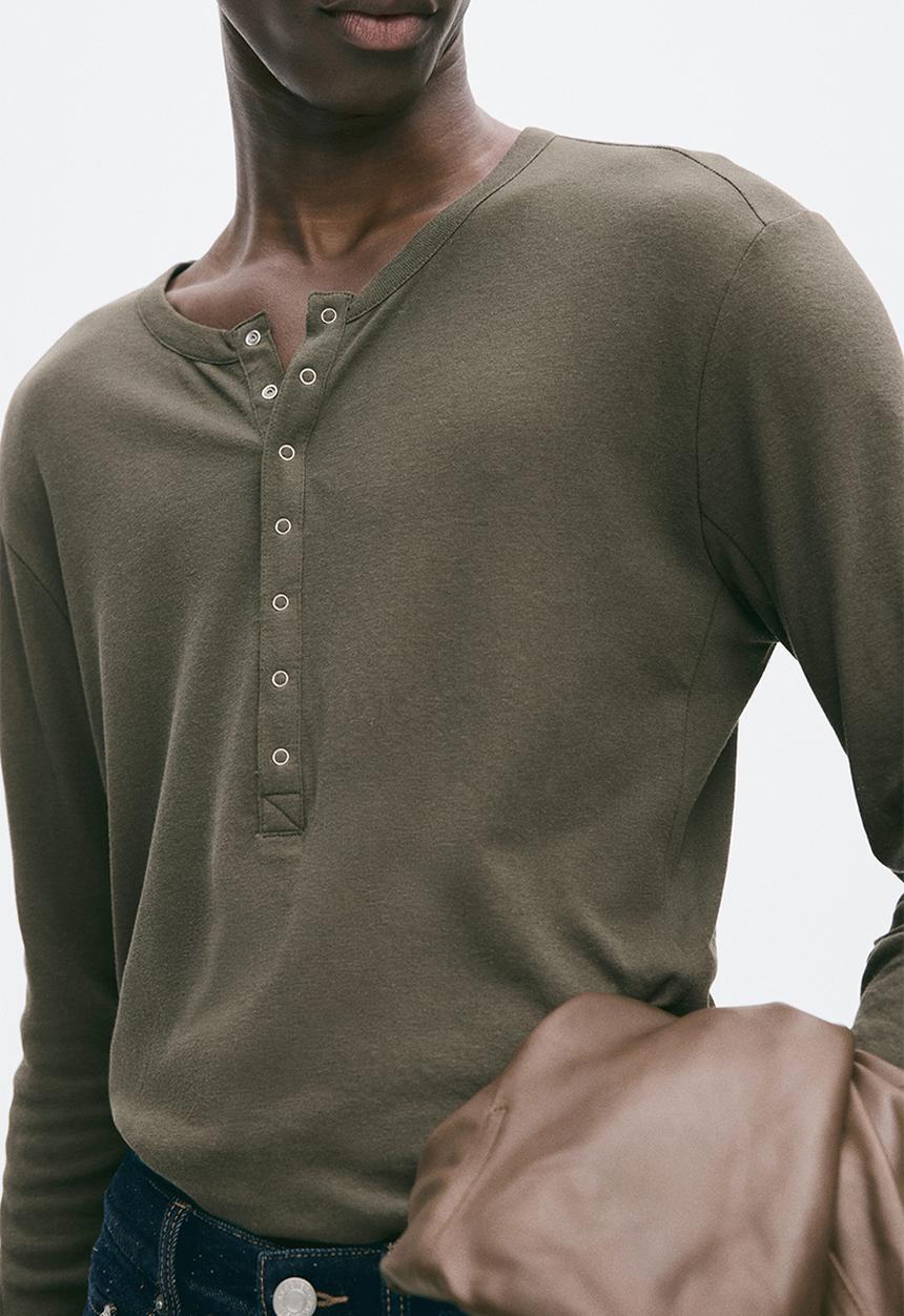 H&M - Slim fit cotton henley top - dark khaki green