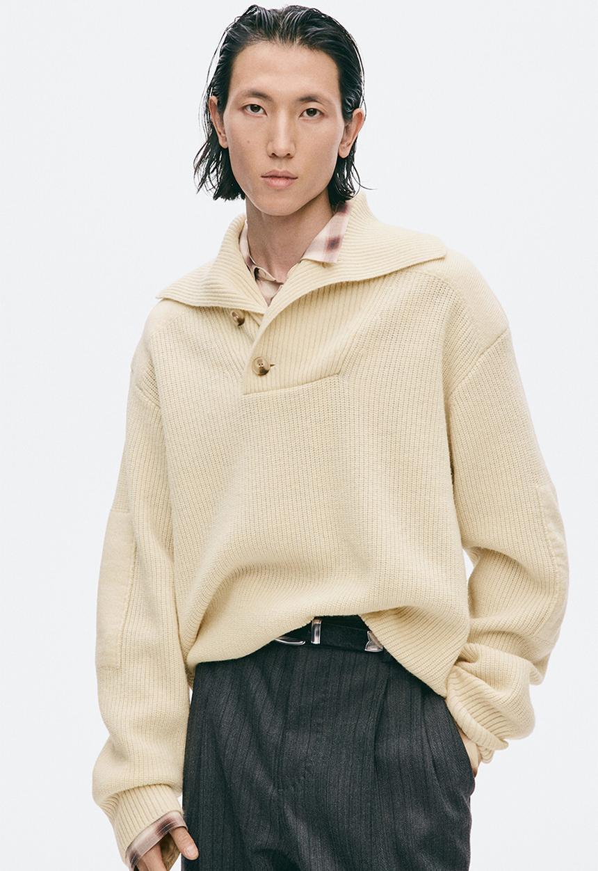H&M - H&M Atelier:  Regular fit shawl-neck wool jumper - light beige
