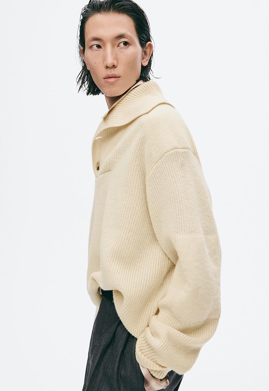 H&M - H&M Atelier:  Regular fit shawl-neck wool jumper - light beige