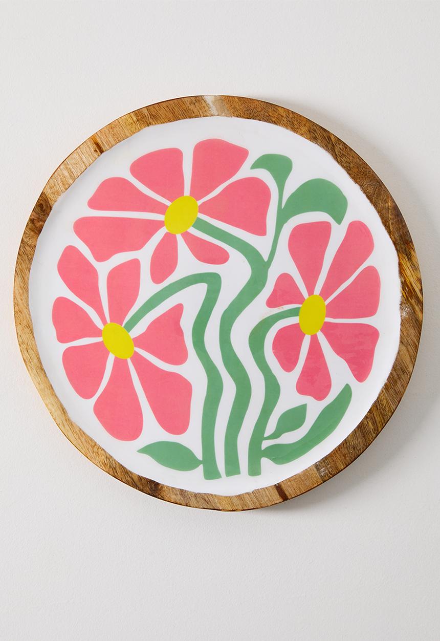 Excellent Houseware - Pink Enamel Daisy Flower Mango Wood Plate - 30cm