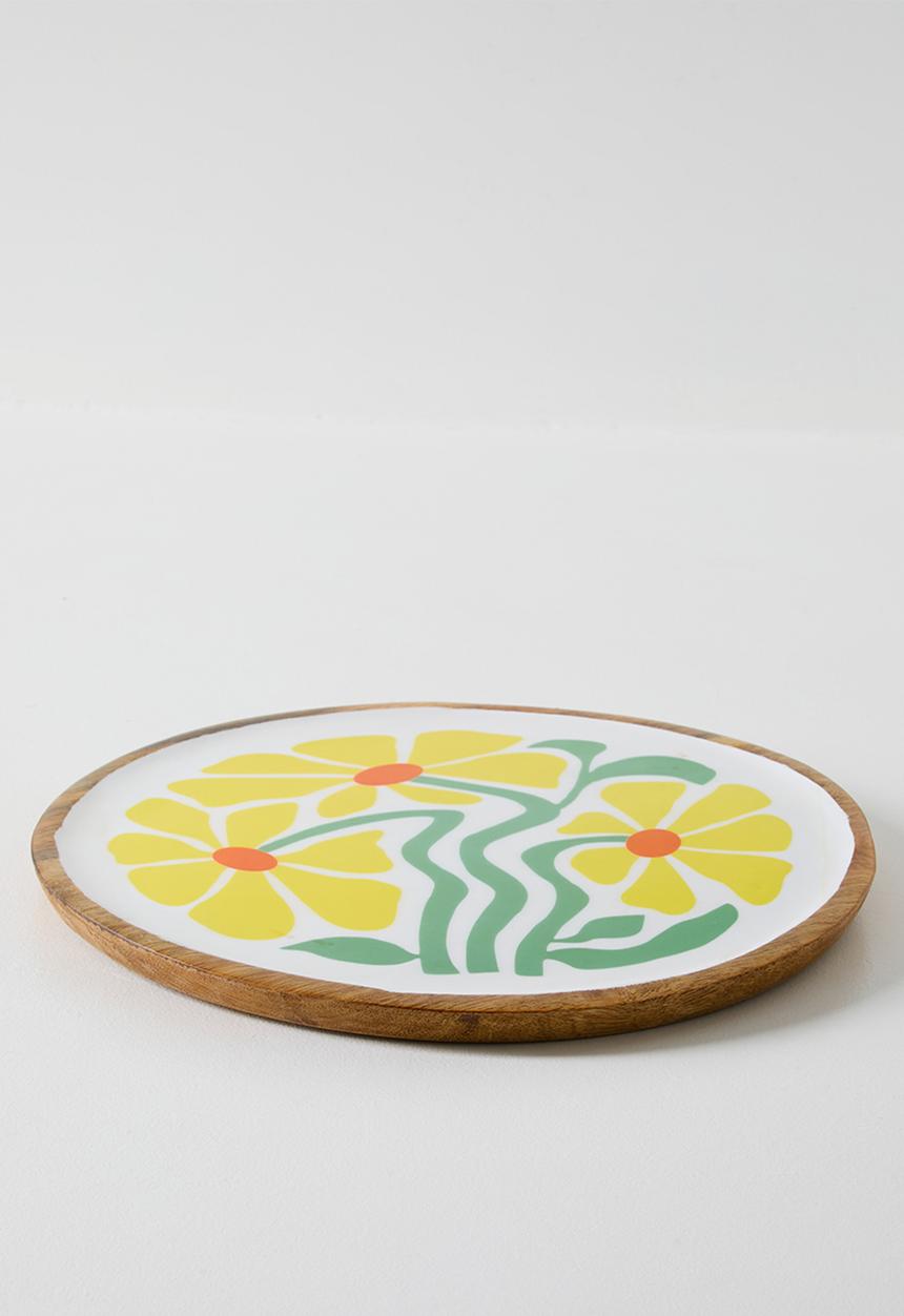 Excellent Houseware - Yellow Enamel Daisy Flower Mango Wood Plate - 30cm