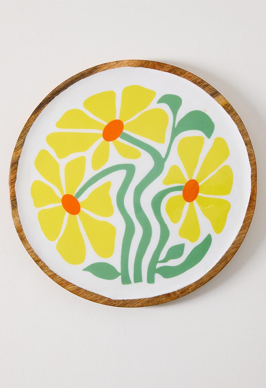 Excellent Houseware - Yellow Enamel Daisy Flower Mango Wood Plate - 30cm