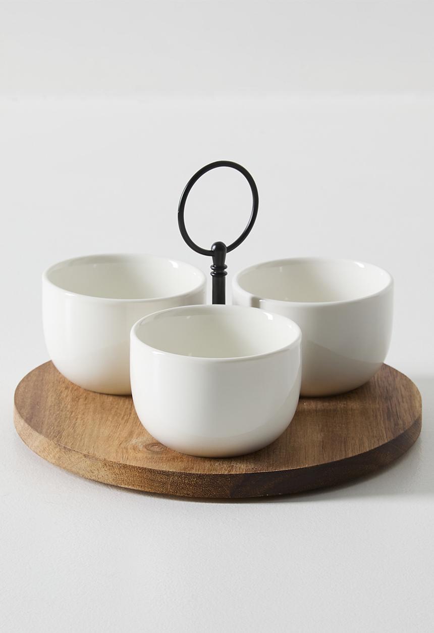 Excellent Houseware - Porcelain Bowls & Tray with Handle Serving Set - 4pcs