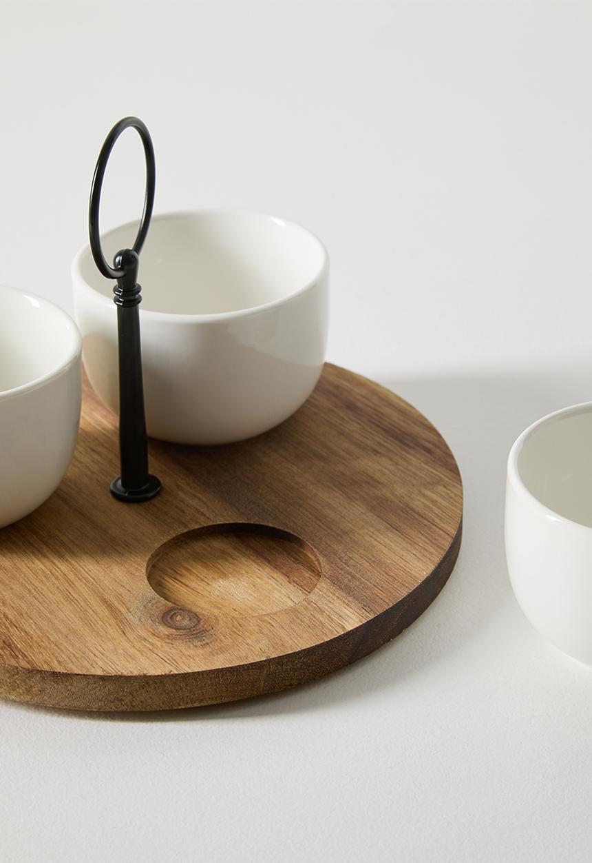Excellent Houseware - Porcelain Bowls & Tray with Handle Serving Set - 4pcs