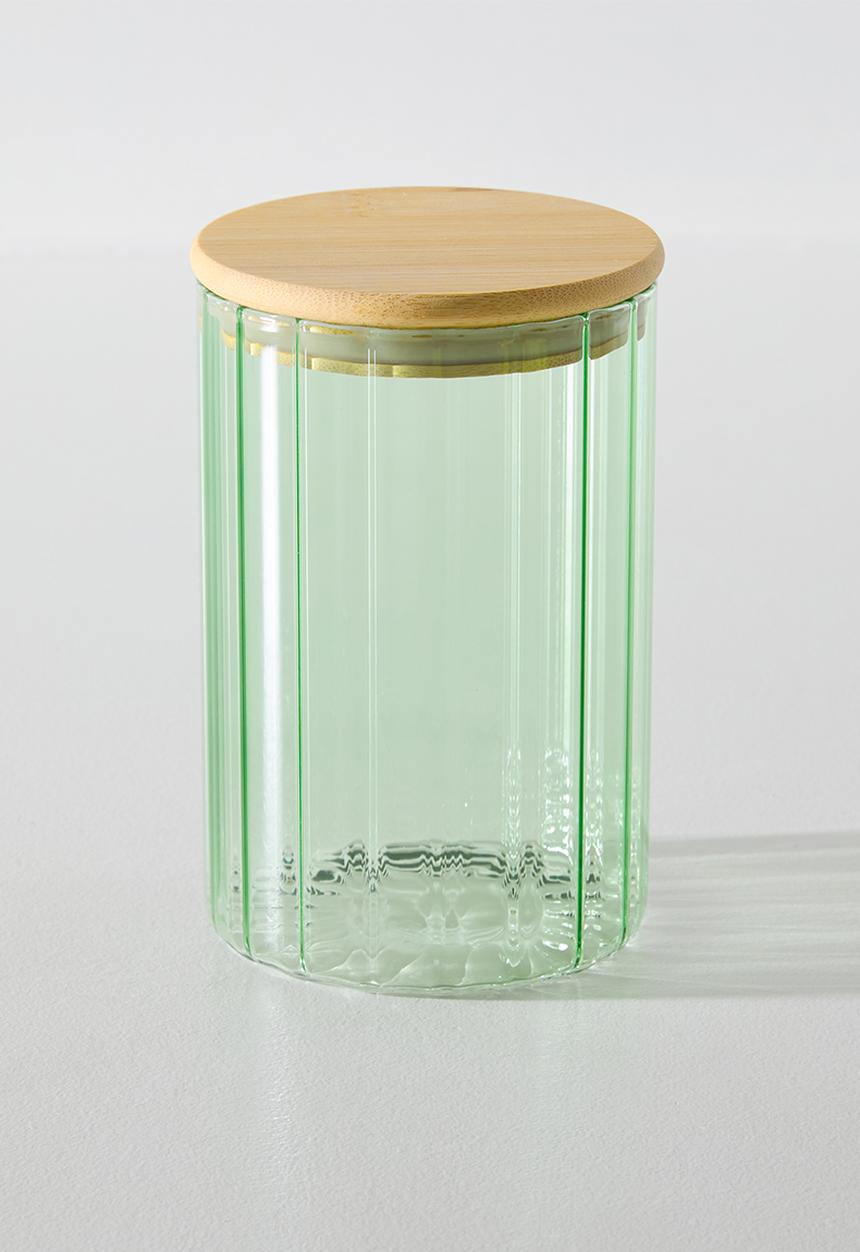 Excellent Houseware - Green  Ribbed Design Storage Jar with Bamboo Lid - 1000ml