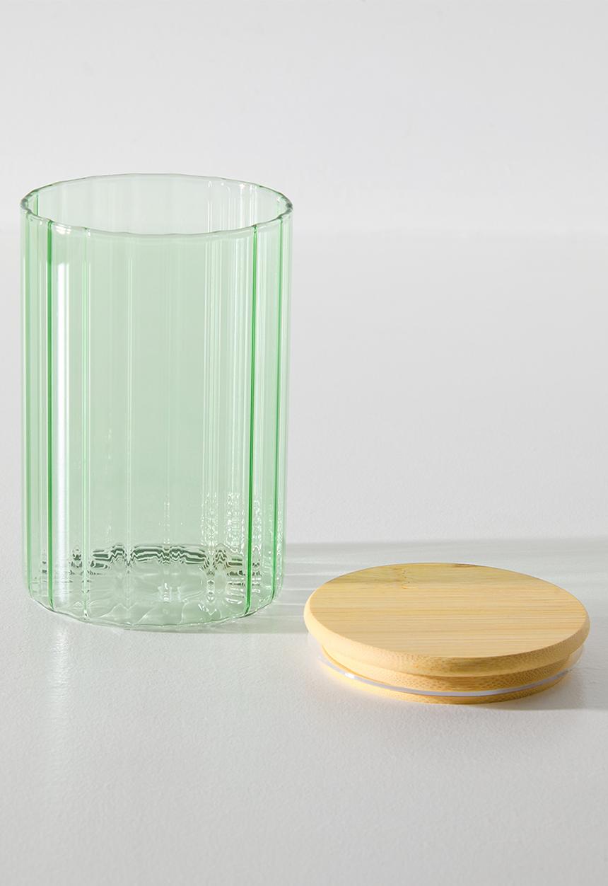 Excellent Houseware - Green  Ribbed Design Storage Jar with Bamboo Lid - 1000ml
