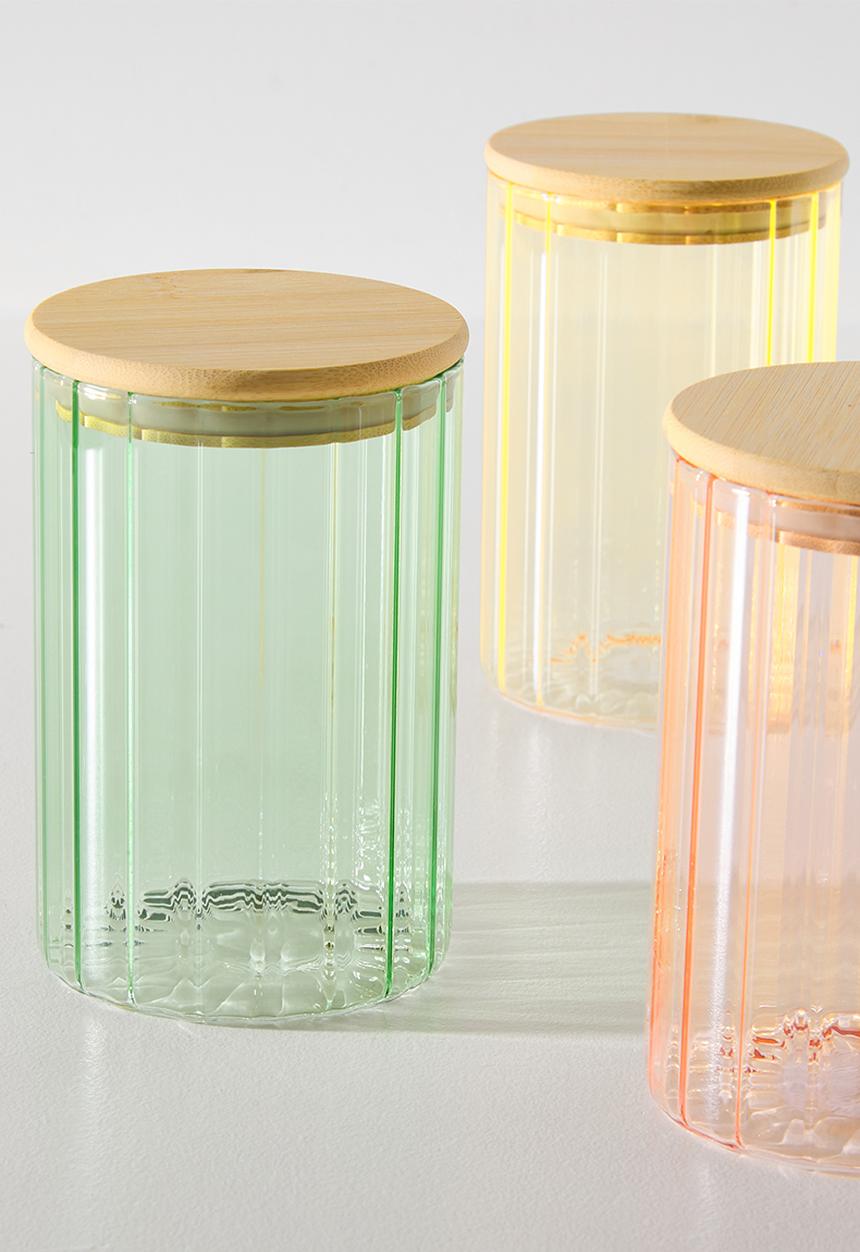 Excellent Houseware - Green  Ribbed Design Storage Jar with Bamboo Lid - 1000ml