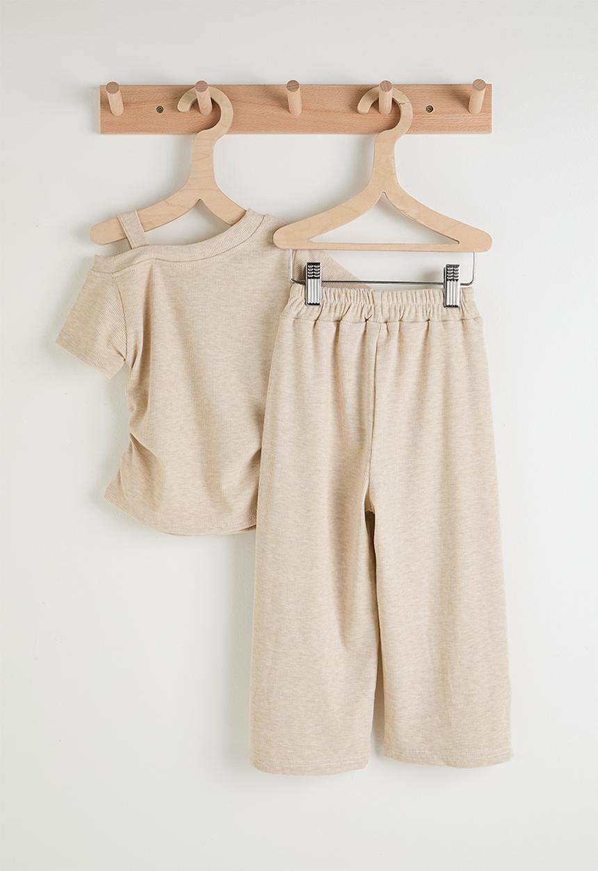 Pop Candy - Melange side ruched top & wide leg pants - khaki brown