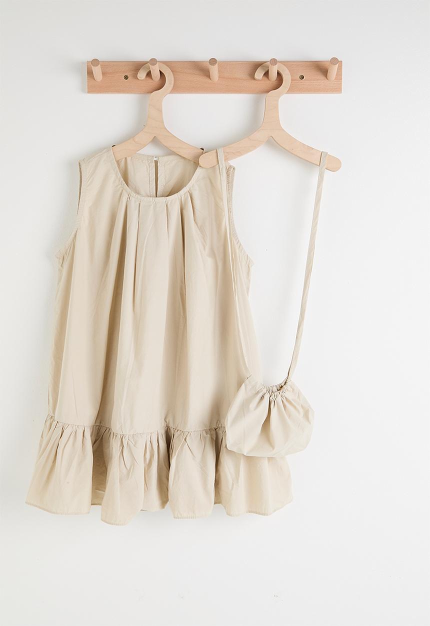 Pop Candy - Box pleated neckline dress with sling pouch bag - light khaki
