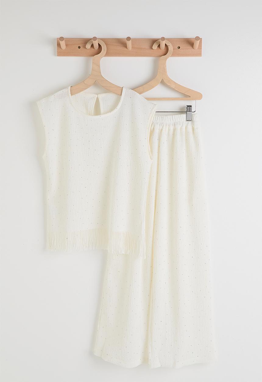 Pop Candy - Textured fringe top & pants set - vanilla