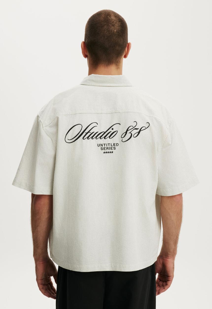 Cotton On - Ventura Short Sleeve Shirt - Off White Stripe Emb