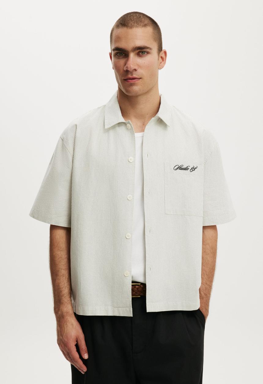 Cotton On - Ventura Short Sleeve Shirt - Off White Stripe Emb