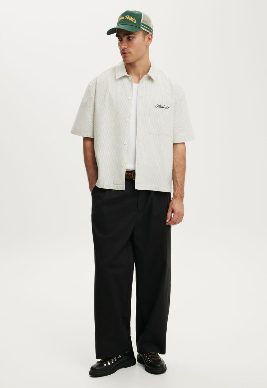 Cotton On - Ventura Short Sleeve Shirt - Off White Stripe Emb