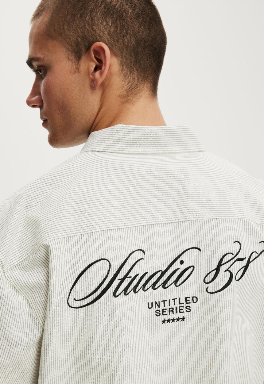Cotton On - Ventura Short Sleeve Shirt - Off White Stripe Emb