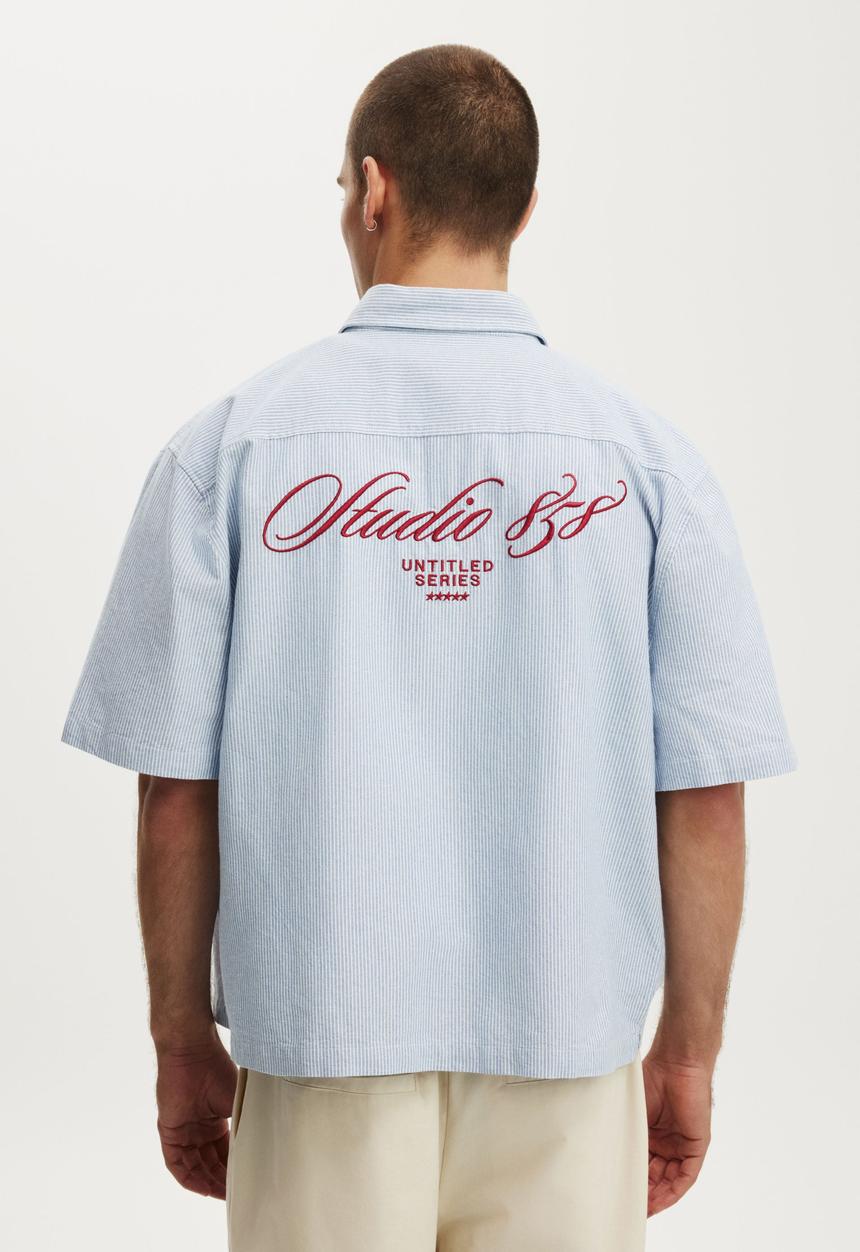 Cotton On - Ventura Short Sleeve Shirt - Blue Stripe Emb
