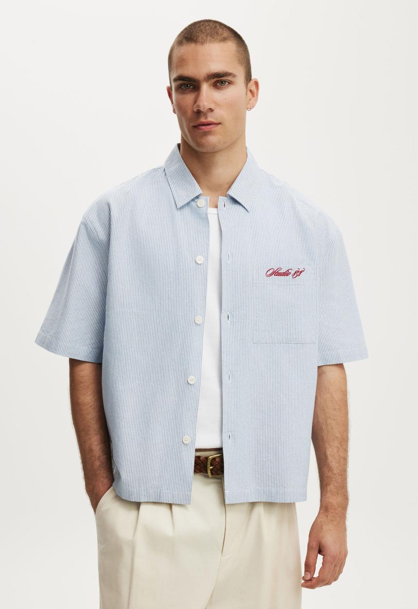 Cotton On - Ventura Short Sleeve Shirt - Blue Stripe Emb
