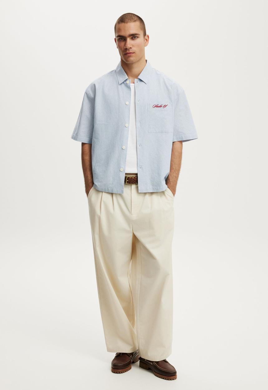 Cotton On - Ventura Short Sleeve Shirt - Blue Stripe Emb