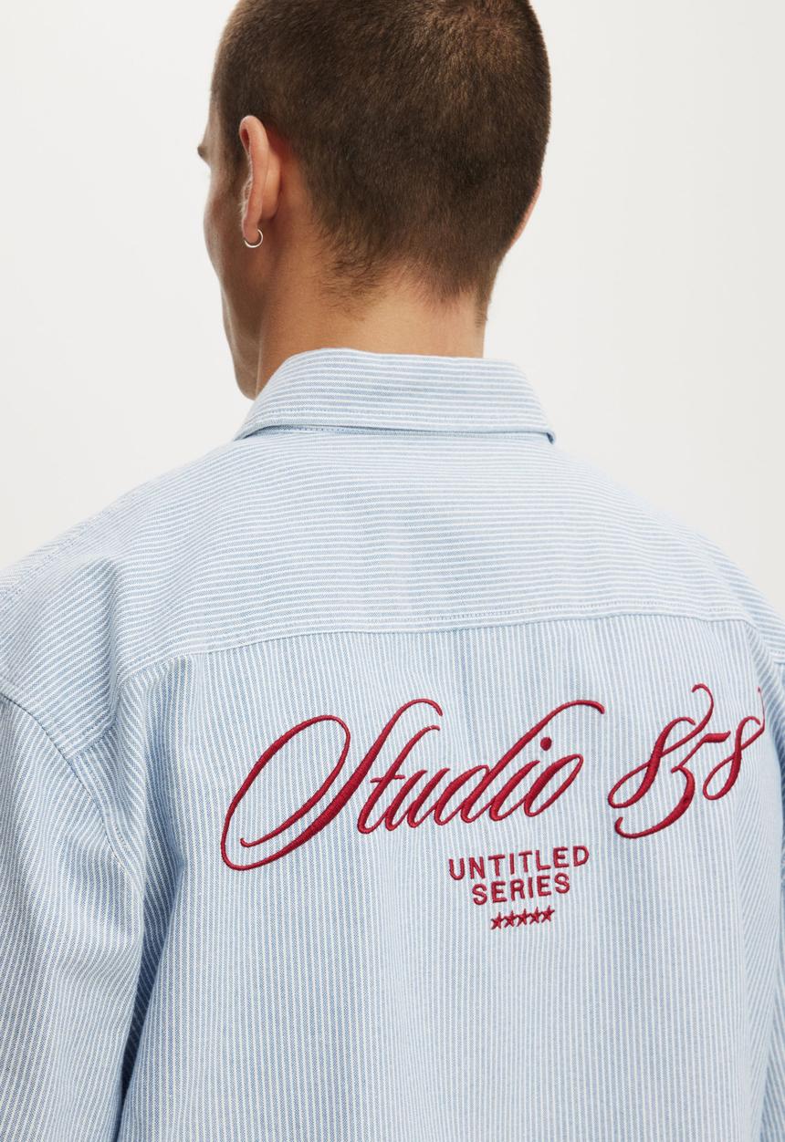 Cotton On - Ventura Short Sleeve Shirt - Blue Stripe Emb