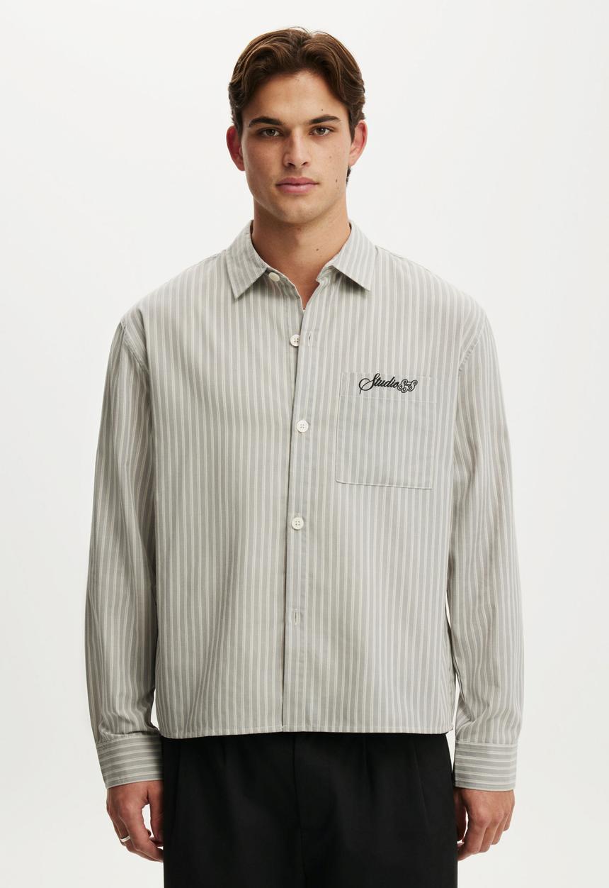 Cotton On - Bedford Long Sleeve Shirt - Grey Stripe Emb