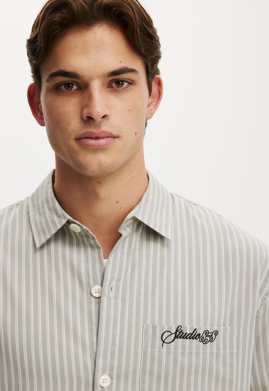 Cotton On - Bedford Long Sleeve Shirt - Grey Stripe Emb