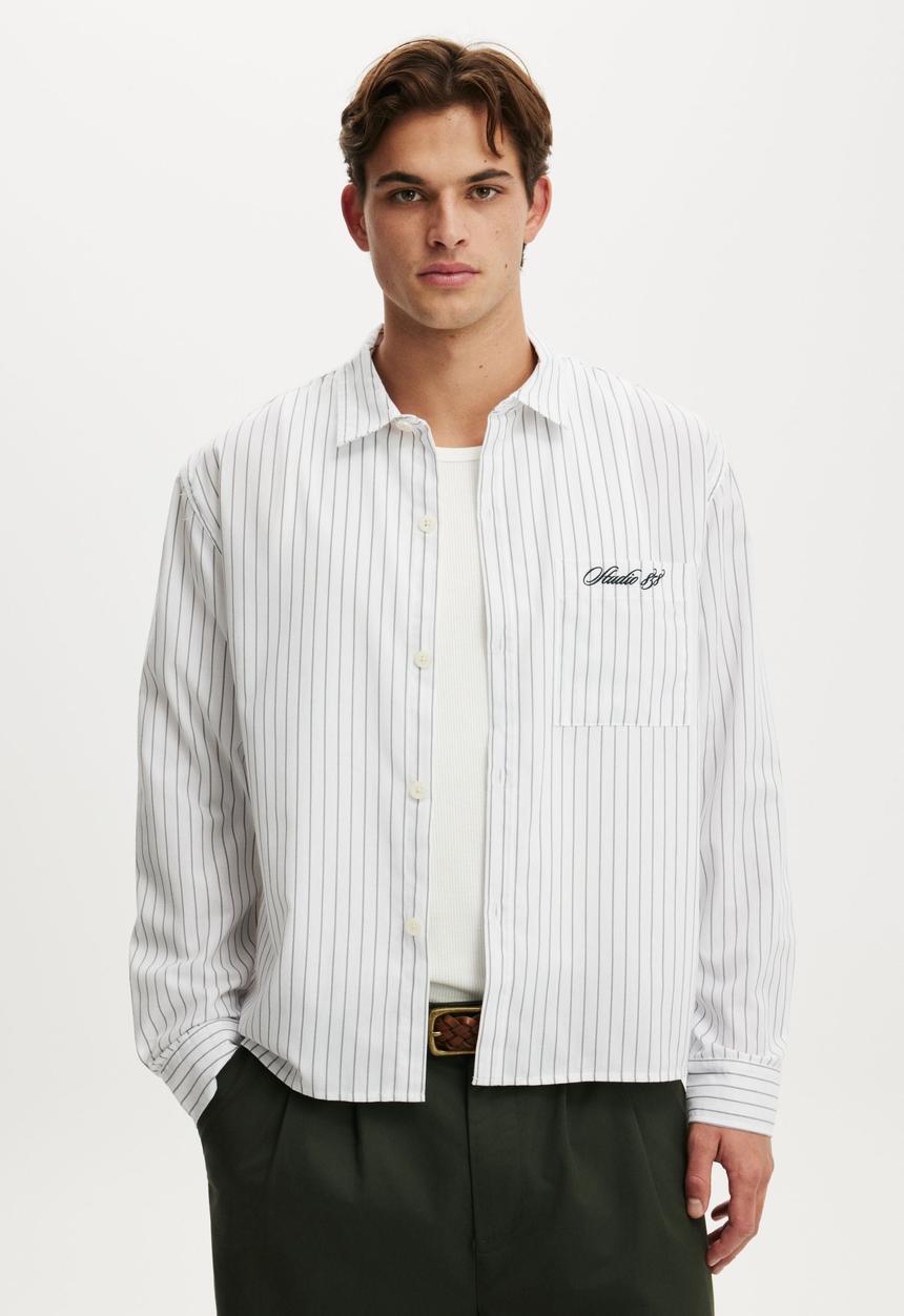 Cotton On - Bedford Long Sleeve Shirt - White Stripe Emb