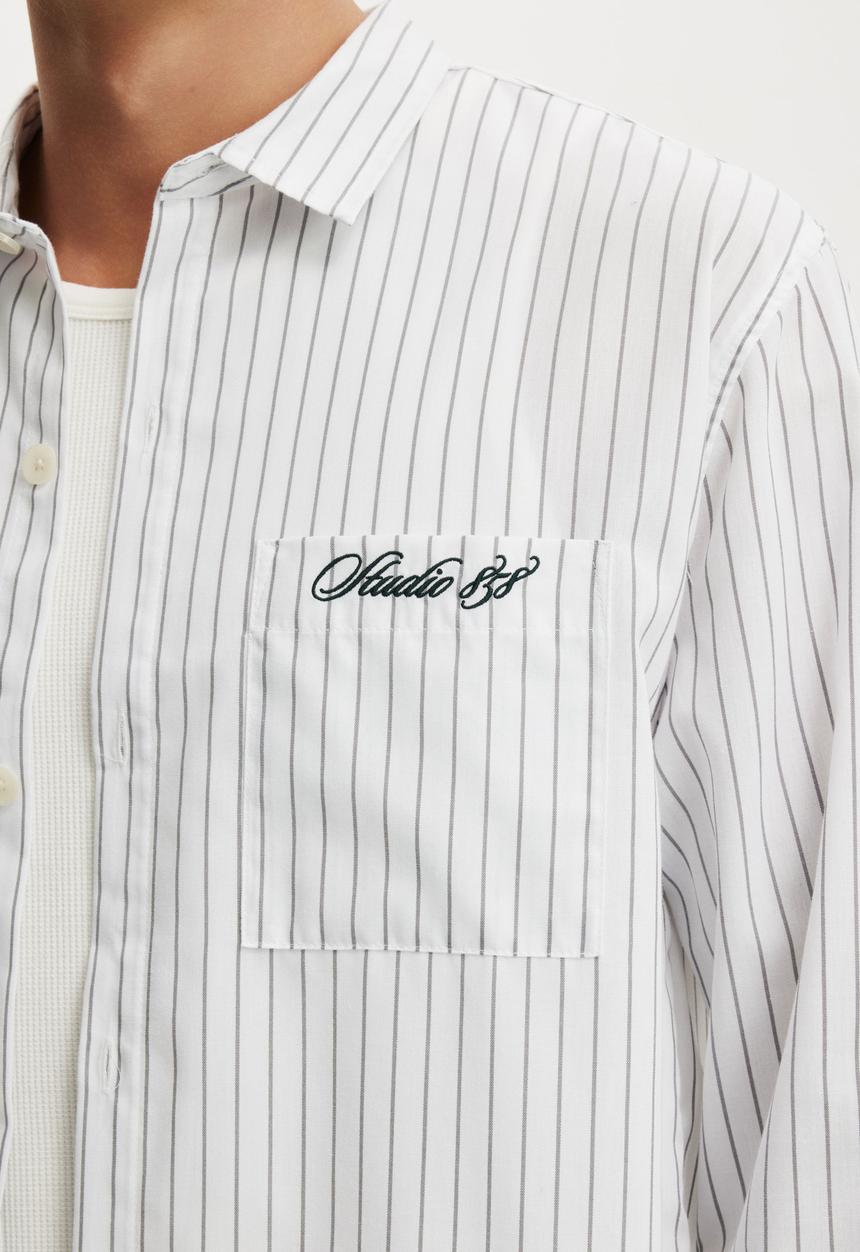 Cotton On - Bedford Long Sleeve Shirt - White Stripe Emb