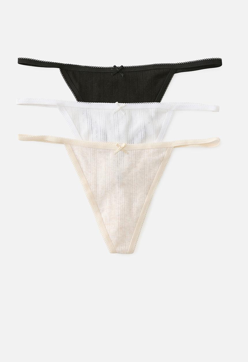 Cotton On - Cotton pointelle g string brief 3 pack - black/white/butterscotch