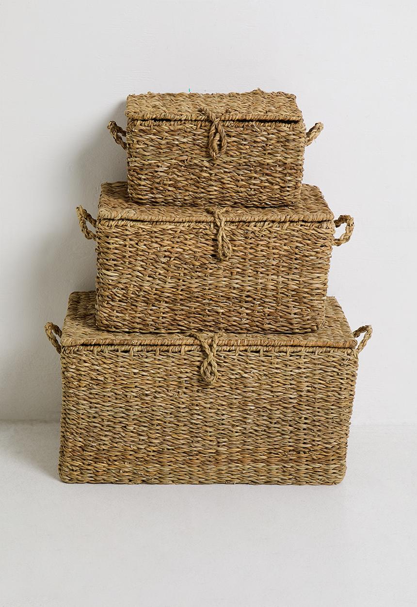 Storage Solutions - 3Pc Handwoven Seagrass Basket Set W Iron Frame