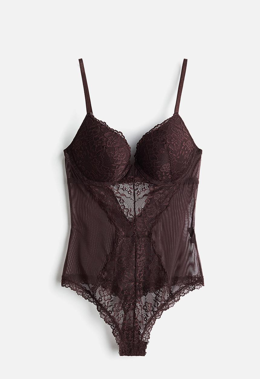 H&M - Lace push-up thong body - dark brown