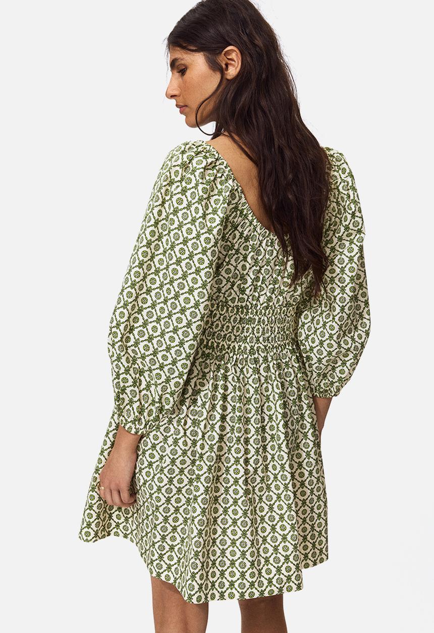 H&M - Flared-skirt cotton dress - green/patterned