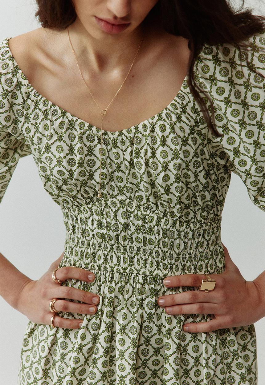 H&M - Flared-skirt cotton dress - green/patterned