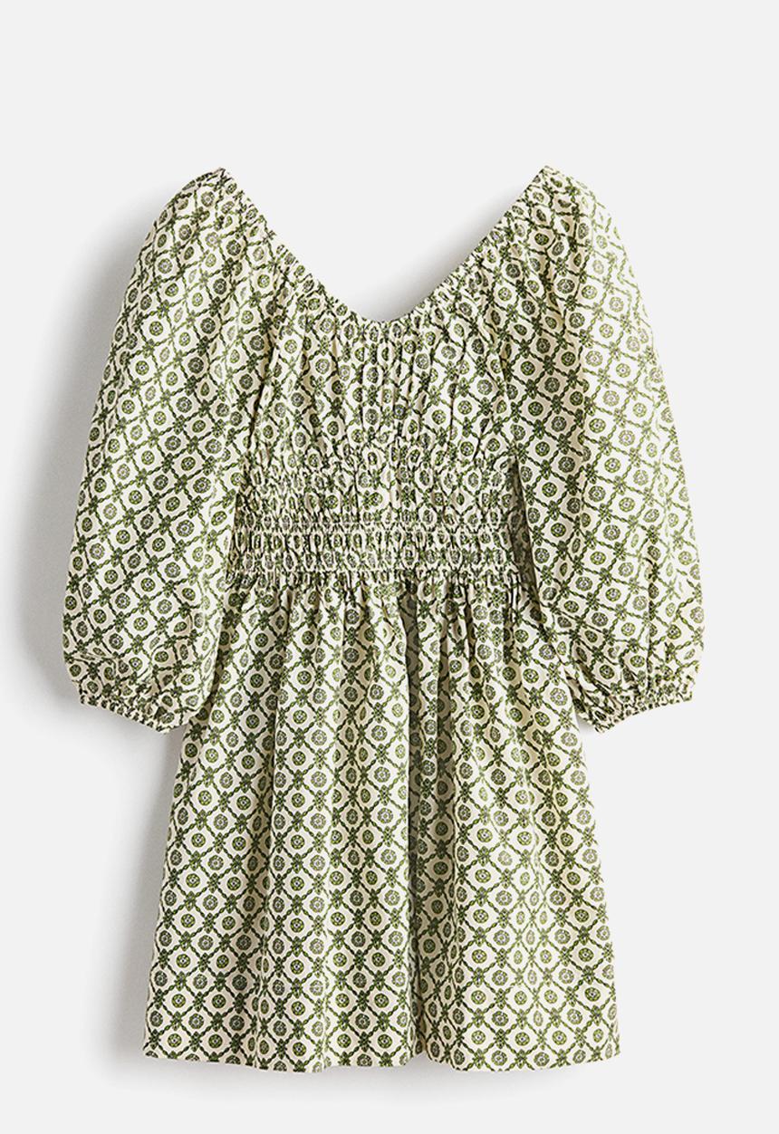 H&M - Flared-skirt cotton dress - green/patterned