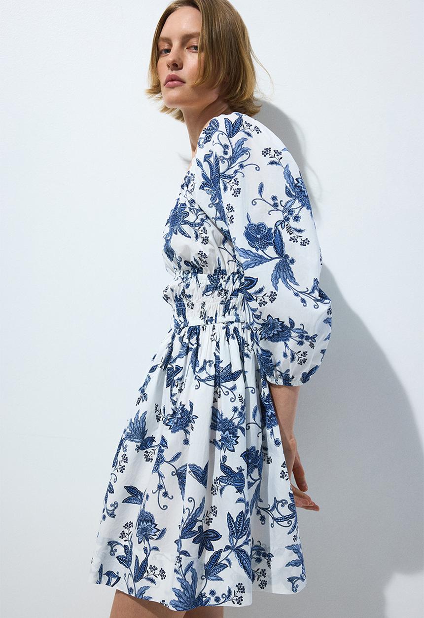 H&M - Flared-skirt cotton dress - white/floral