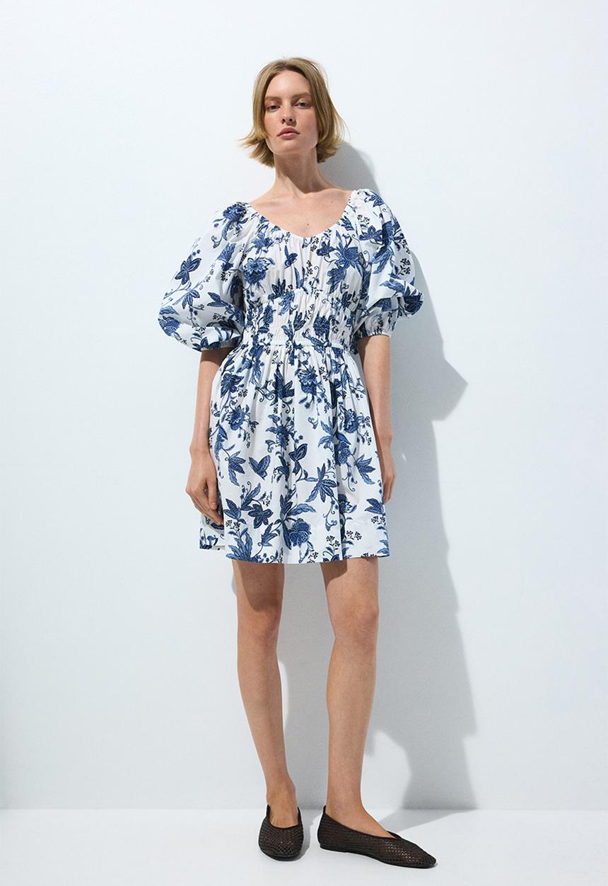 H&M - Flared-skirt cotton dress - white/floral