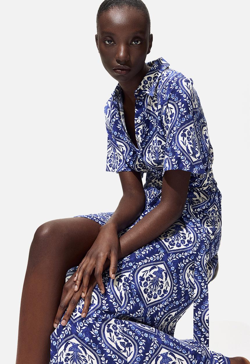 H&M - Tie-belt shirt dress - blue/white patterned