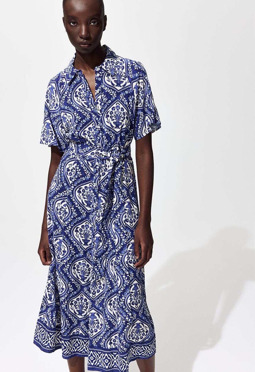 H&M - Tie-belt shirt dress - blue/white patterned
